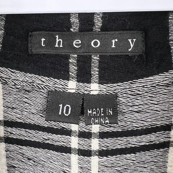 Theory Women 10 Black White Tartan Plaid Button Up Tunic Shirt Virgin Wool Blend - Picture 12 of 15